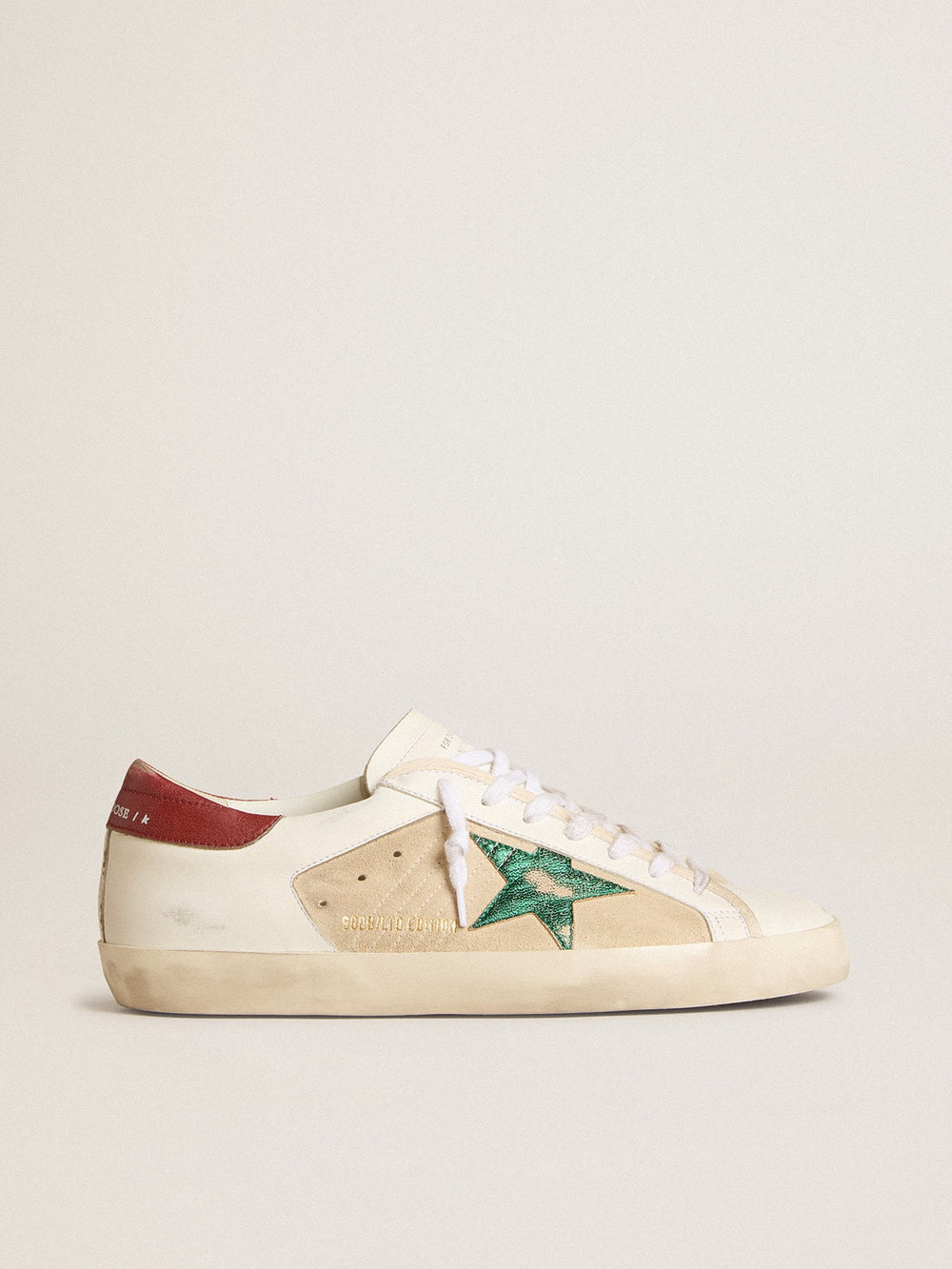 Golden Goose Men's Super-Star LTD in suede with green metallic star and red heel tab
