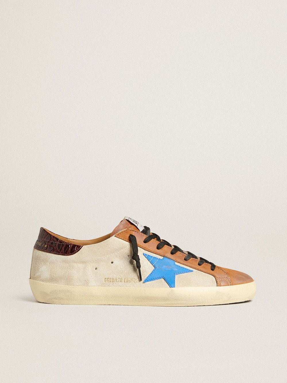 Golden Goose Beige Men's Super-Star LTD with light blue star and crocodile-print heel tab