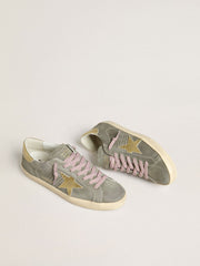 Golden Goose Men's Super-Star in gray suede with gold metallic leather star and heel tab