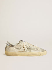 Golden Goose Men's Super-Star in white leather with all-over lettering and ice-gray suede star