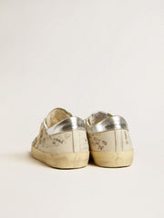 Golden Goose Men's Super-Star in white leather with all-over lettering and ice-gray suede star