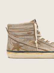 Golden Goose Men's Slide LAB sneakers in tobacco-colored suede with crystals and tobacco-colored suede star