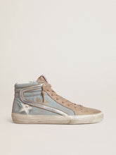 Golden Goose Men's Slide in light blue canvas with silver metallic leather flash