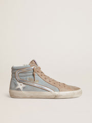 Golden Goose Men's Slide in light blue canvas with silver metallic leather flash