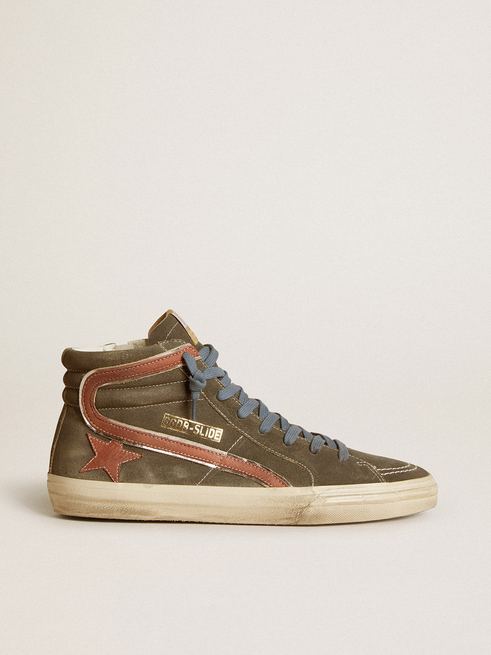 Golden Goose Men's Slide in gray suede with brown nubuck star and flash