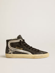 Golden Goose Slide in black suede with silver metallic leather star and flash