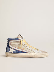 Golden Goose Slide in pearl canvas and blue suede with white leather star and flash