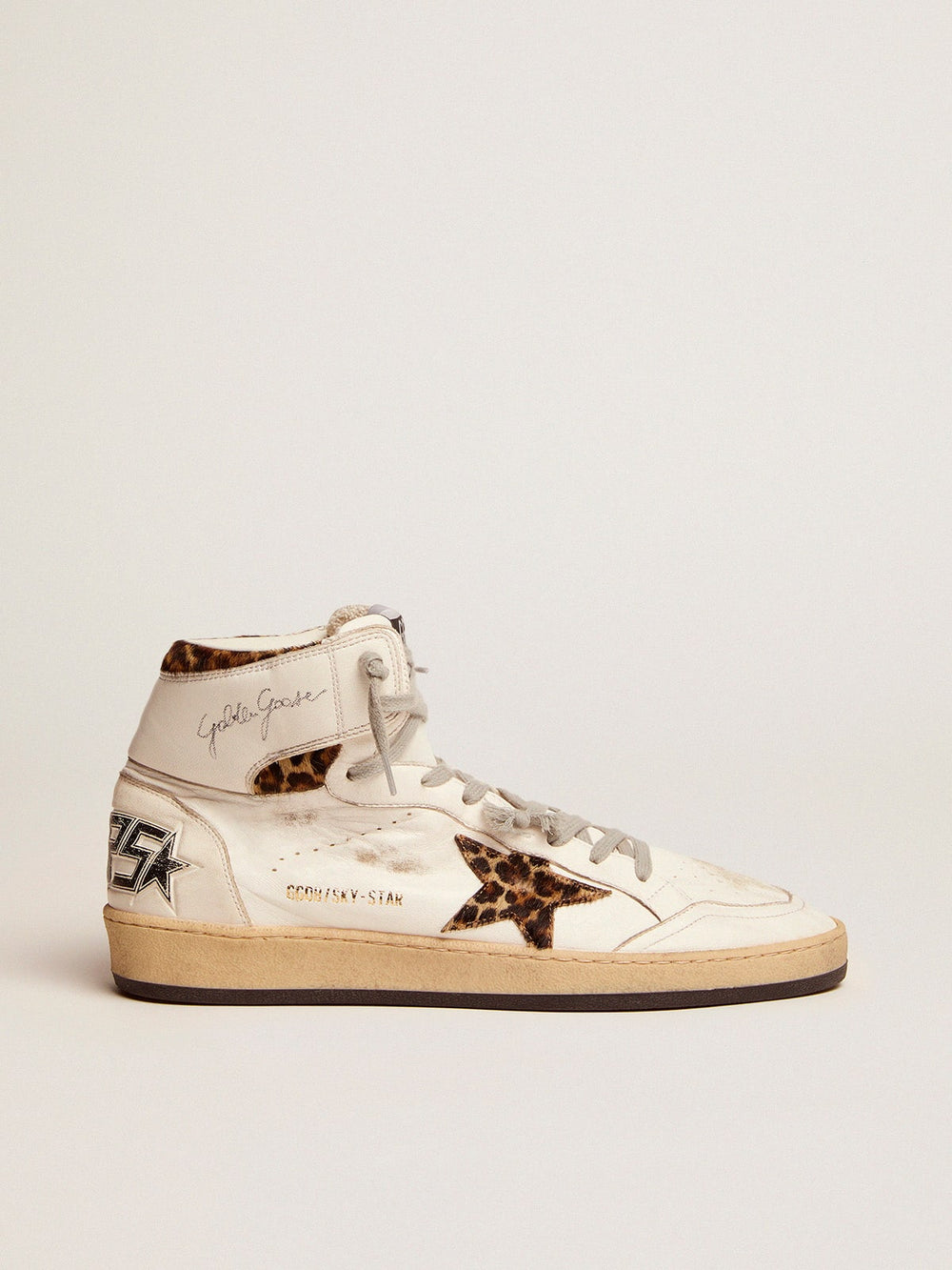 Golden Goose Sky-Star sneakers with signature on the ankle and leopard-print pony skin inserts