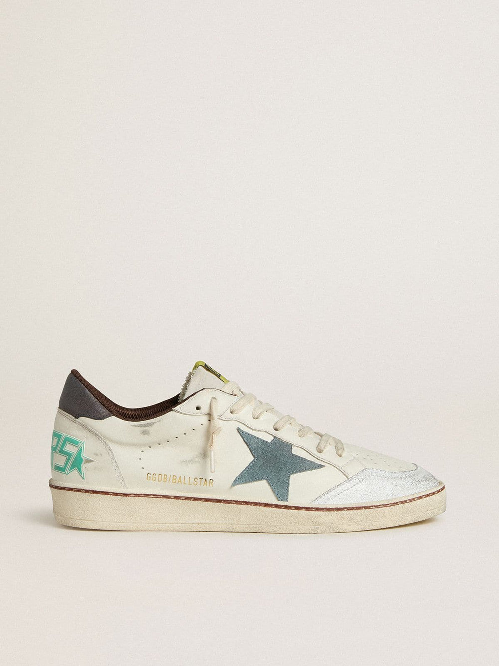 Golden Goose Men's Ball Star in white leather with light blue suede star and brown nubuck heel tab
