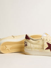 Golden Goose Men's Ball Star in beige nappa with burgundy mesh star and heel tab