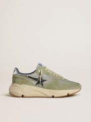 Golden Goose Men's Running Sole in sage-green nylon and suede with printed black star