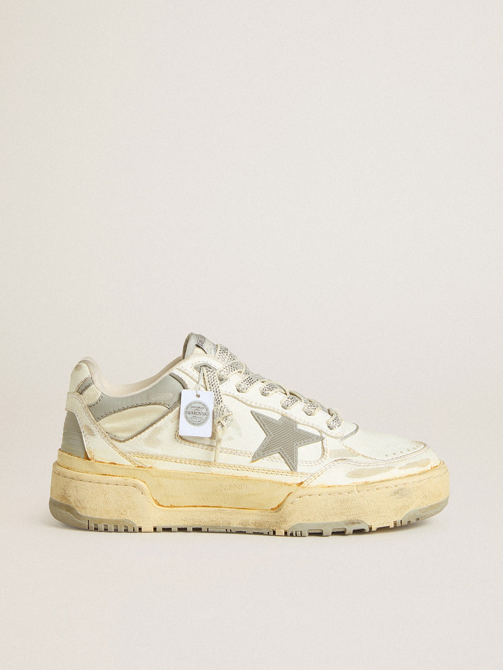 Golden Goose Men’s Forty2 in white leather with laces with Swarovski crystals and gray TPU star