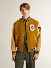 Golden Goose Ochre yellow wool bomber jacket with leather sleeves