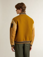 Golden Goose Ochre yellow wool bomber jacket with leather sleeves