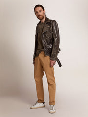 Golden Goose Men's leather biker jacket with hammered studs and adhesive tape