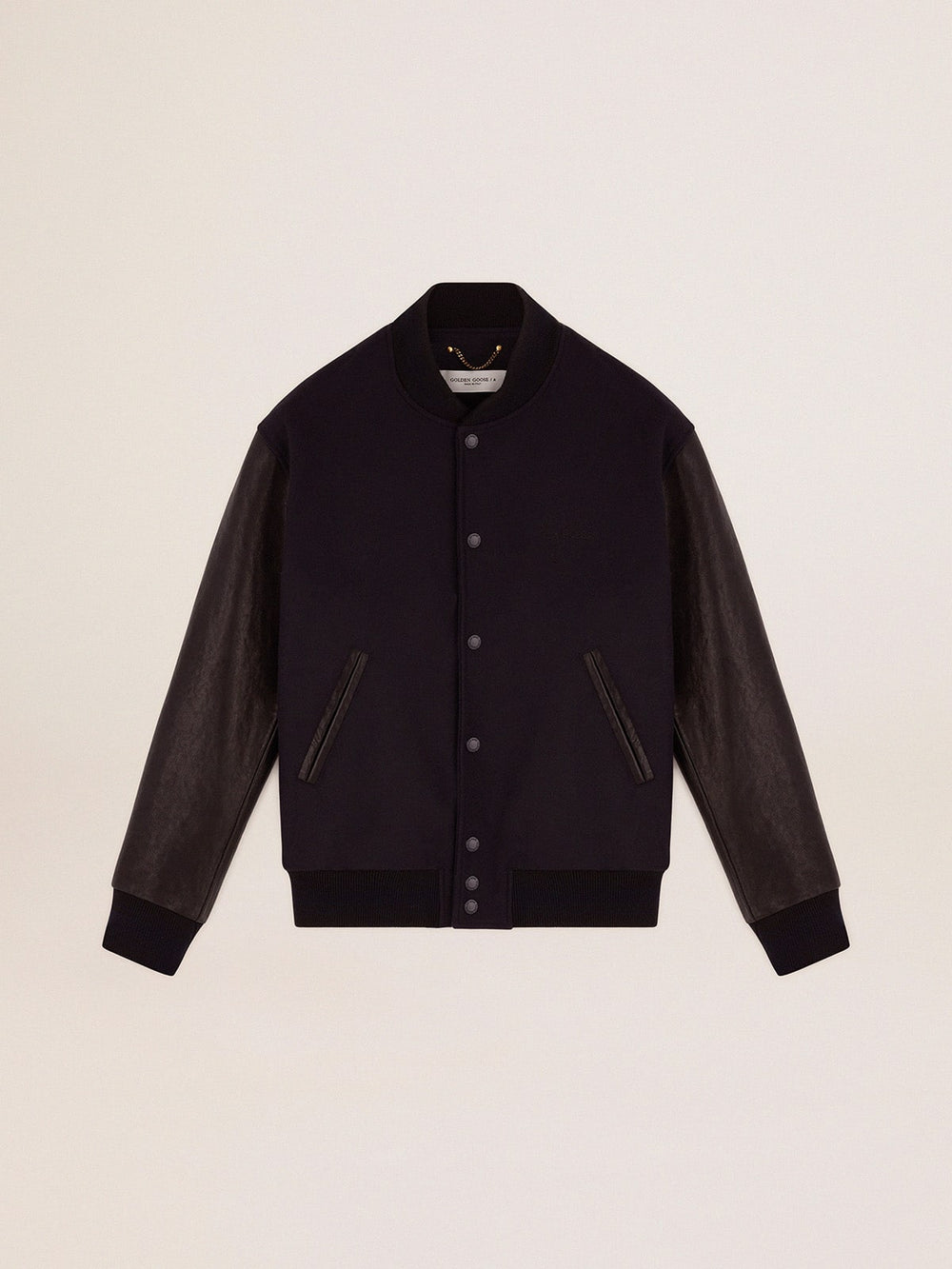 Golden Goose Men’s bomber jacker in blue wool and black leather | Golden Goose