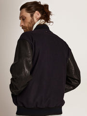 Golden Goose Men’s bomber jacker in blue wool and black leather | Golden Goose