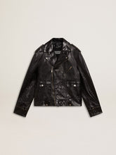 Golden Goose Men’s black leather biker jacket with glossy effect