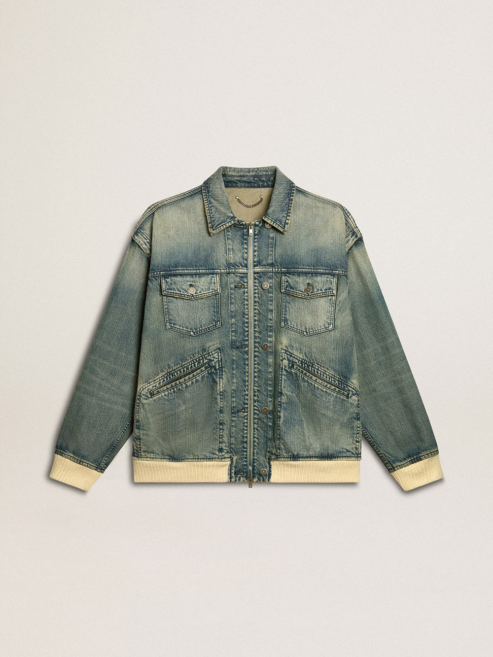 Golden Goose Men's washed denim jacket with wool blend ribbing
