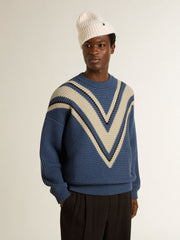 Golden Goose Men's light blue jacquard wool sweater with cream-colored pattern