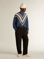 Golden Goose Men's light blue jacquard wool sweater with cream-colored pattern