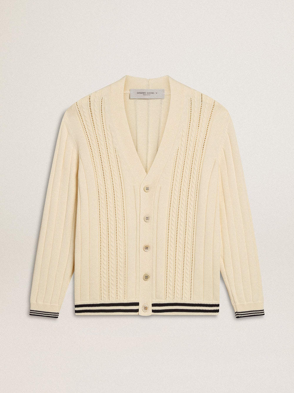 Golden Goose Men's white cotton cardigan with a cable pattern and blue ribbing