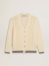Golden Goose Men's white cotton cardigan with a cable pattern and blue ribbing