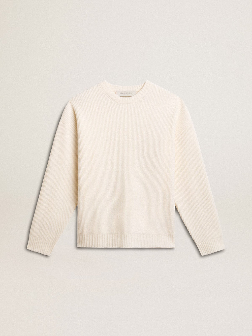 Golden Goose Men's crew-neck sweater in worn white ribbed wool