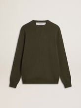Golden Goose Men's military green crew neck sweater with 'Golden' lettering on the back