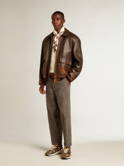 Golden Goose Men’s round-neck sweater in panama-colored cotton with logo on the back