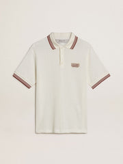 Golden Goose Men's polo shirt in white perforated knit with burgundy striped details