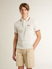 Golden Goose Men's polo shirt in white perforated knit with burgundy striped details