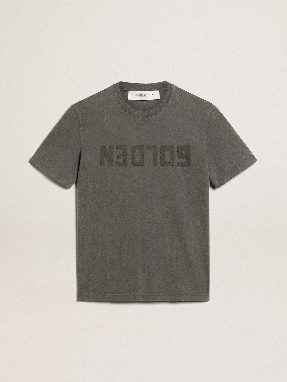 Golden Goose Men's anthracite gray T-shirt with distressed treatment