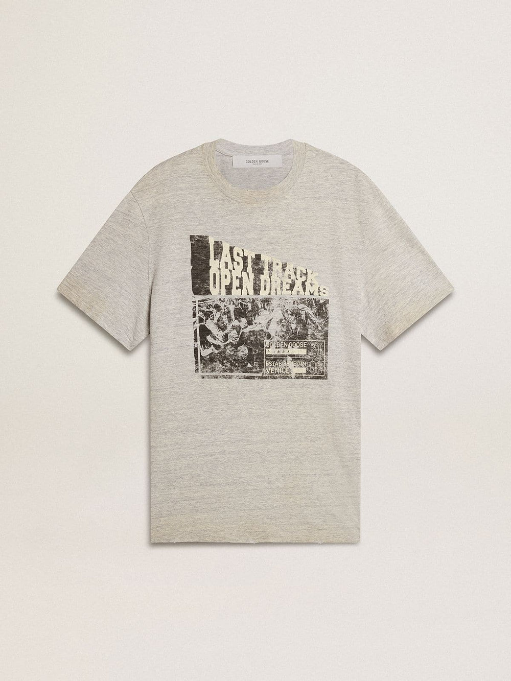 Golden Goose Men's vintage-effect gray T-shirt with print on the front
