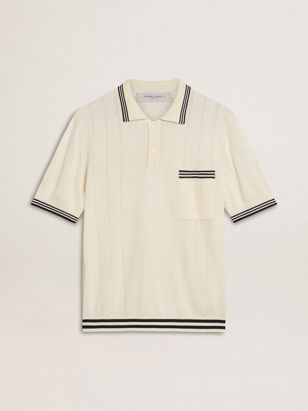 Golden Goose Men's worn-white knitted polo shirt with blue ribbing