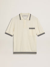 Golden Goose Men's worn-white knitted polo shirt with blue ribbing