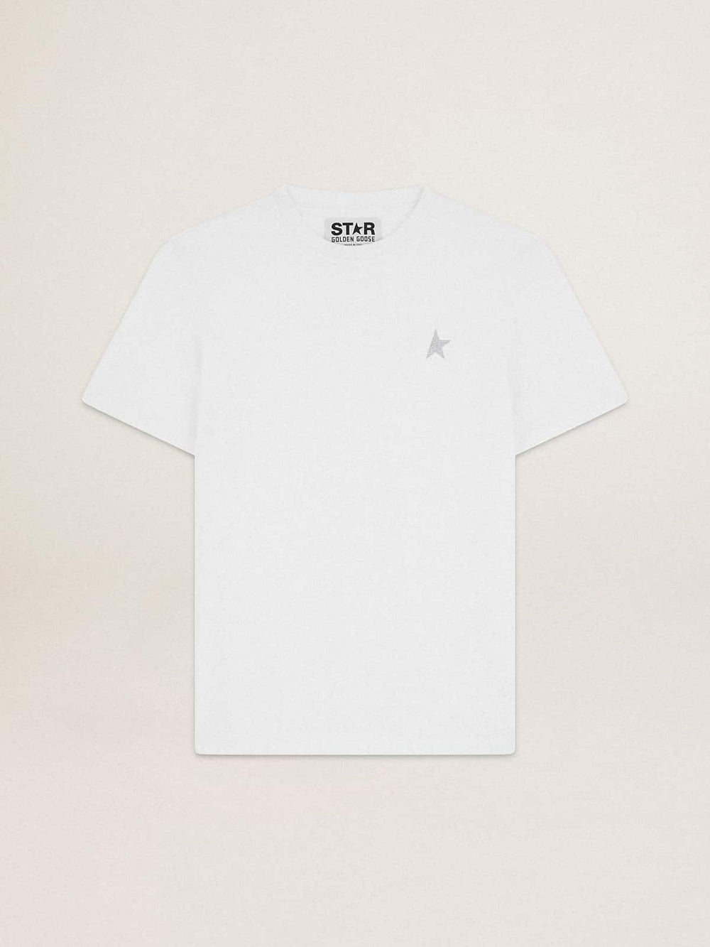 Golden Goose Men's white T-shirt with silver glitter star on the front