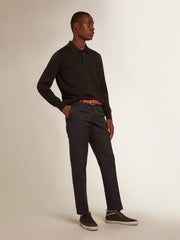 Golden Goose Men’s long-sleeved polo shirt in black merino wool