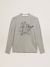 Golden Goose Men's T-shirt with white and blue stripes and embroidery on the front