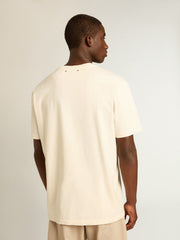 Golden Goose Men’s aged white cotton T-shirt with print on the front