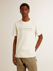 Golden Goose Men's T-shirt in aged white cotton with print and embroidery