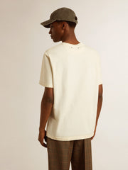 Golden Goose Men's aged white cotton T-shirt with gold print