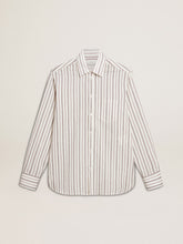 Golden Goose Men's white cotton shirt with fine burgundy stripes
