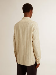 Golden Goose Men’s ecru cotton shirt with narrow black stripes