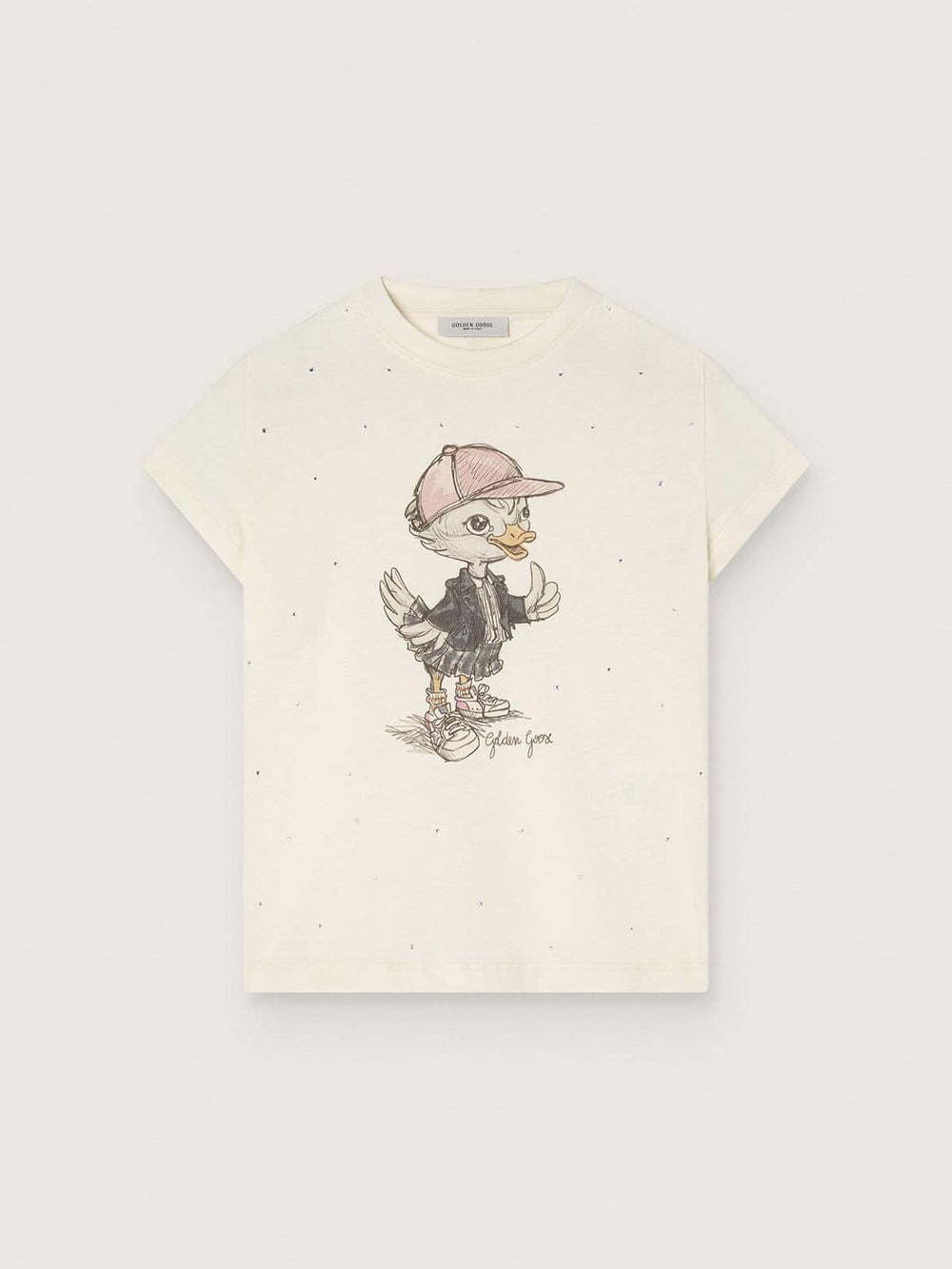 Golden Goose Journey T-shirt for girls in white cotton jersey with digital mascot print and crystal appliqués