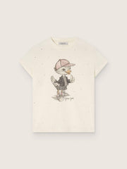 Golden Goose Journey T-shirt for girls in white cotton jersey with digital mascot print and crystal appliqués