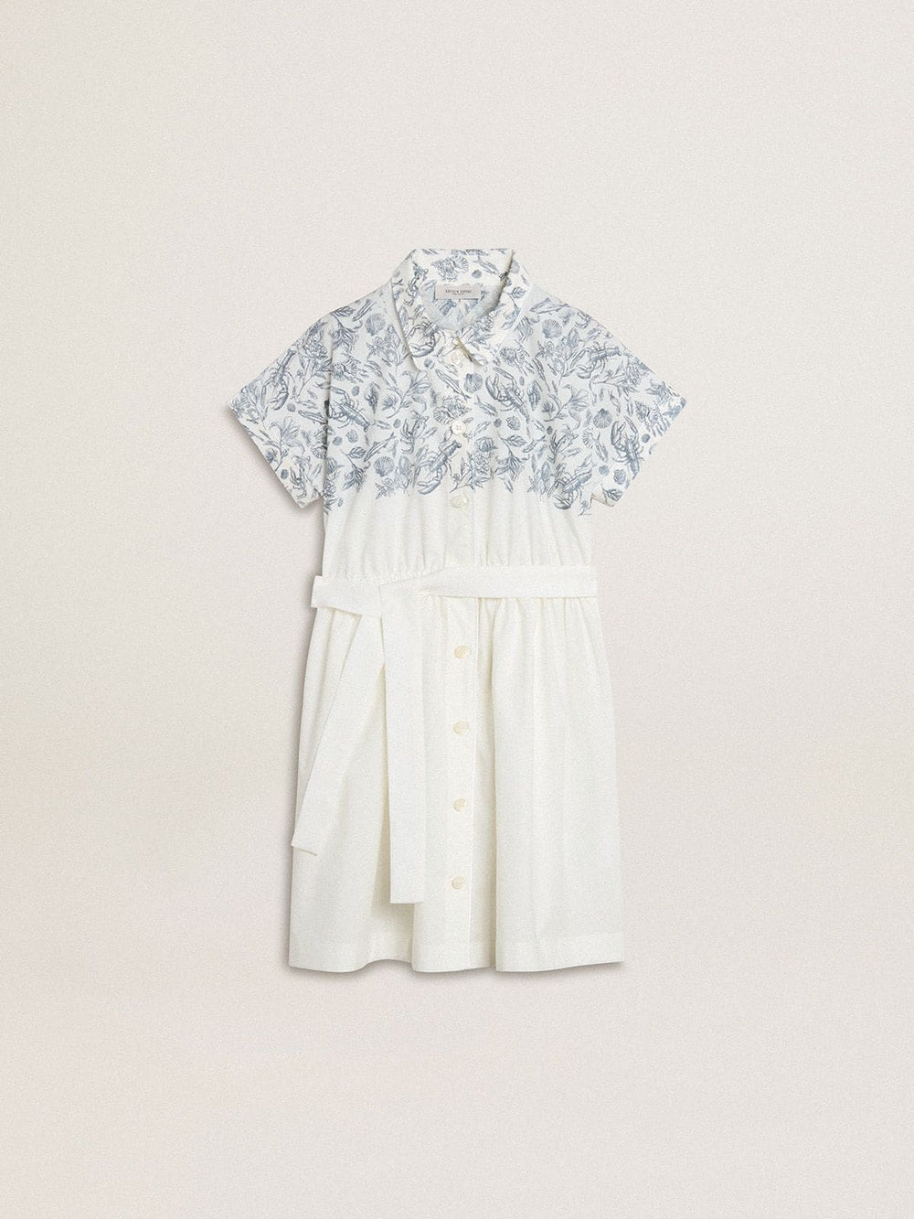 Golden Goose Girls’ shirt dress in white cotton canvas with a blue nautical print and white piping