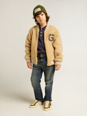 Golden Goose Kids beige fleece bomber jacket