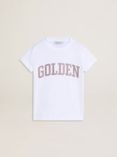 Golden Goose Girls' white T-shirt with pink glitter Golden lettering