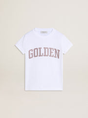 Golden Goose Girls' white T-shirt with pink glitter Golden lettering